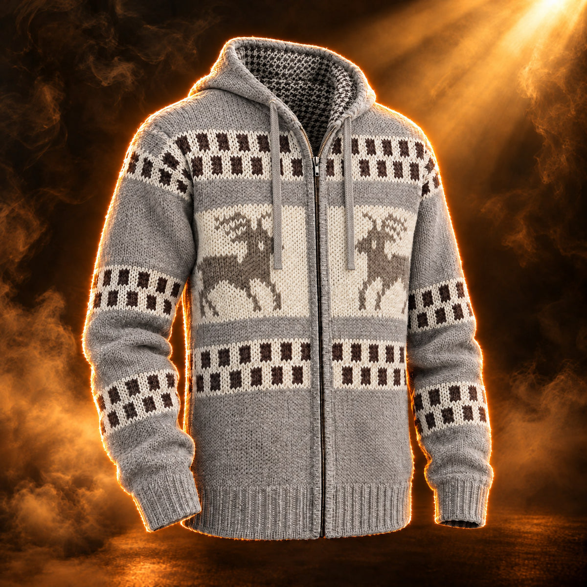 Florian reindeer jacquard zip up cardigan for men in light gray, front view