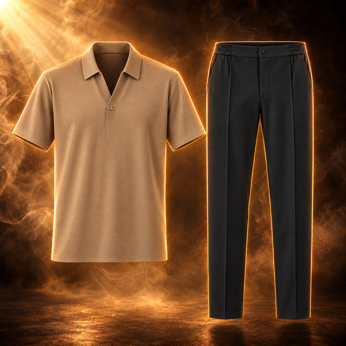 Gaspard short sleeve polo and trousers set for men in khaki with black trousers, front view