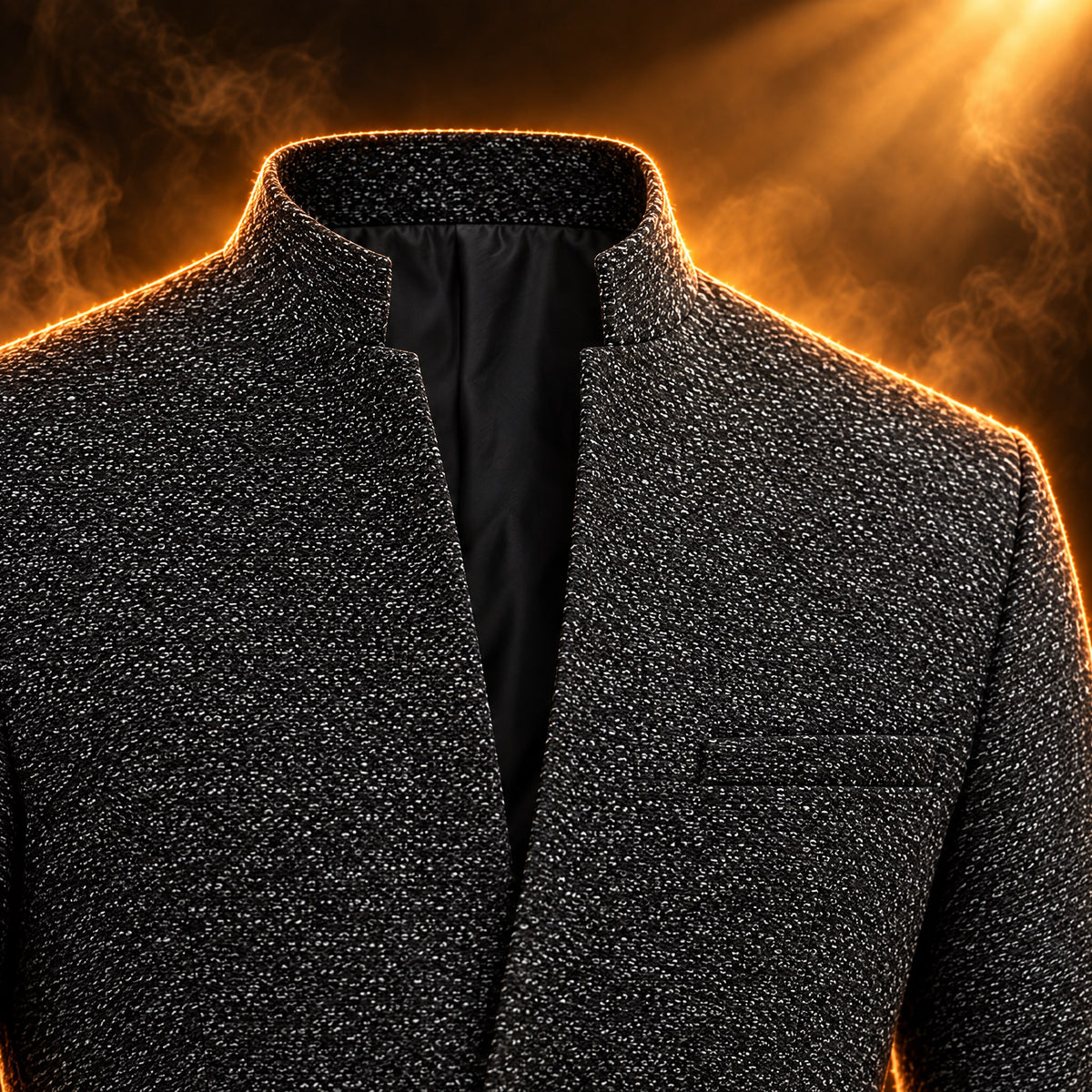 Giacomo blazer close-up of the mandarin stand collar and welt chest pocket