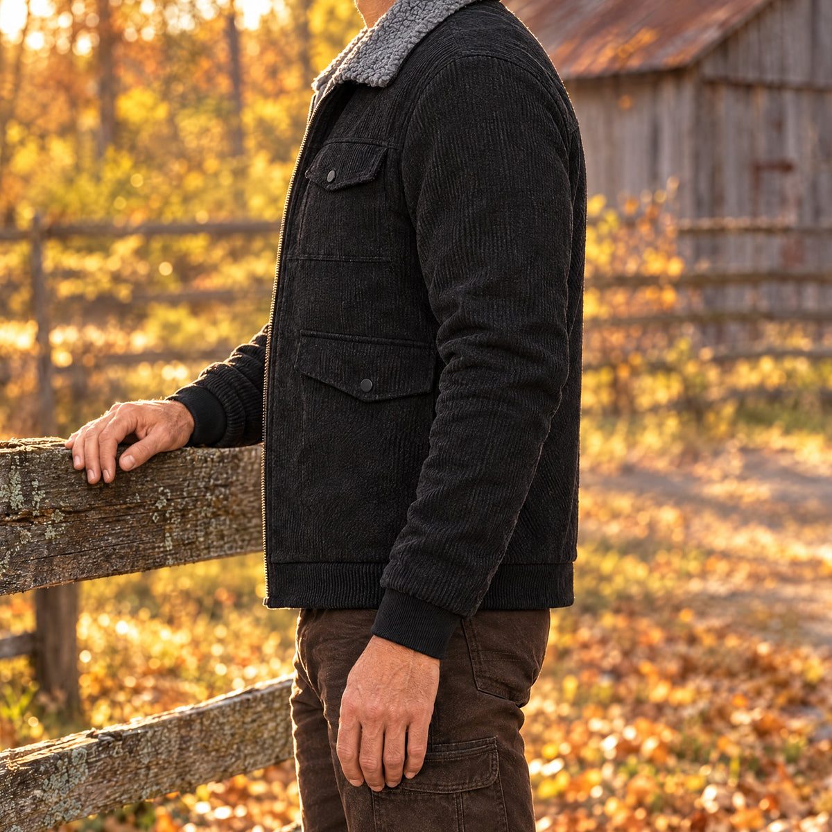 Gianni men's sherpa lined corduroy jacket in black, side view