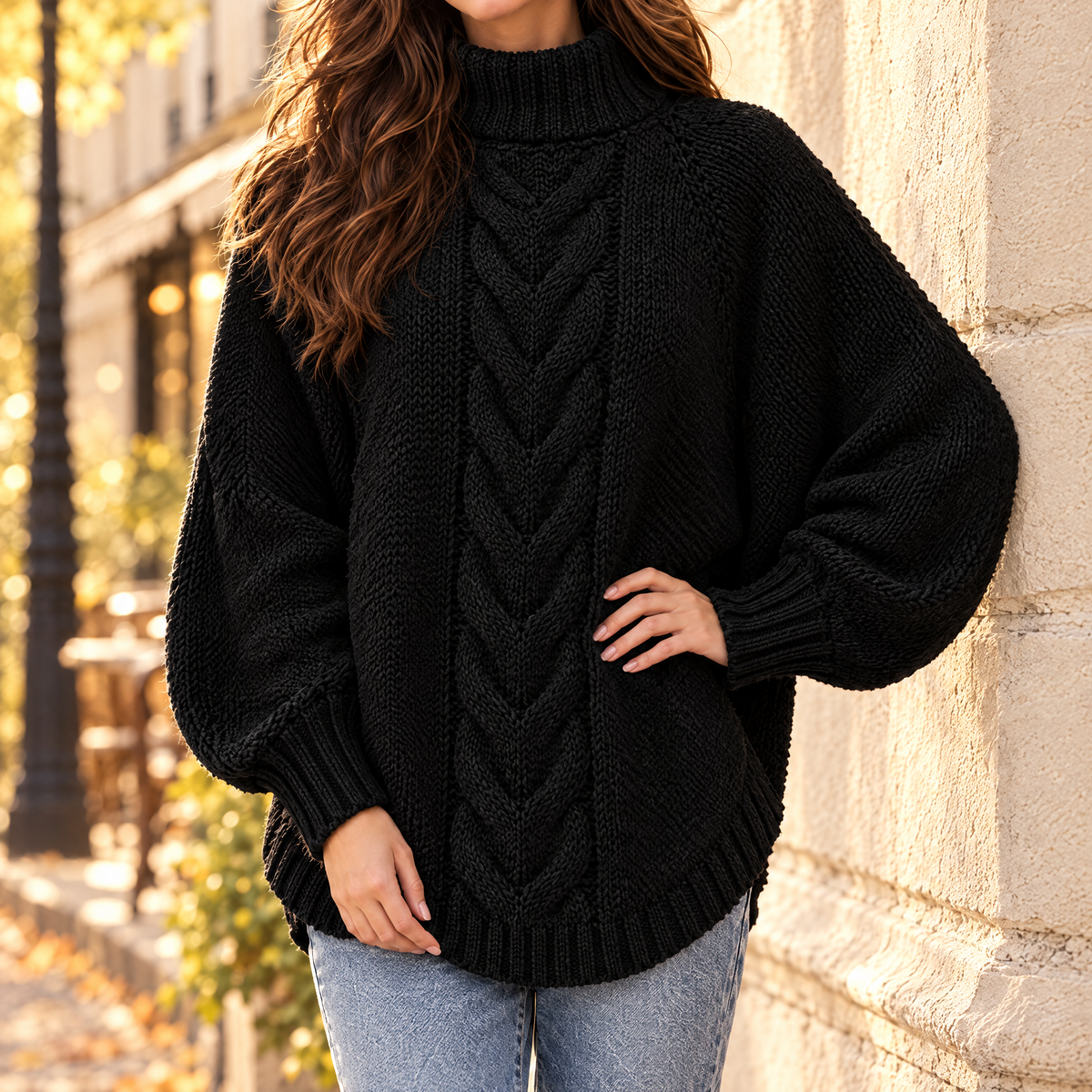 Woman wearing the Elena oversized cable knit high neck sweater in black, front view