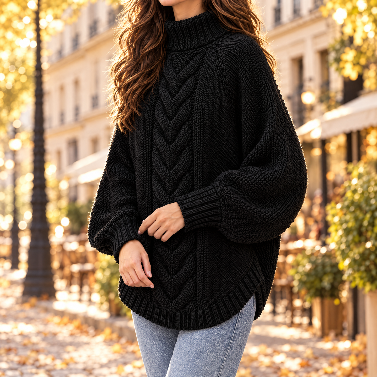 Woman wearing the Elena oversized cable knit high neck sweater in black, three-quarter view