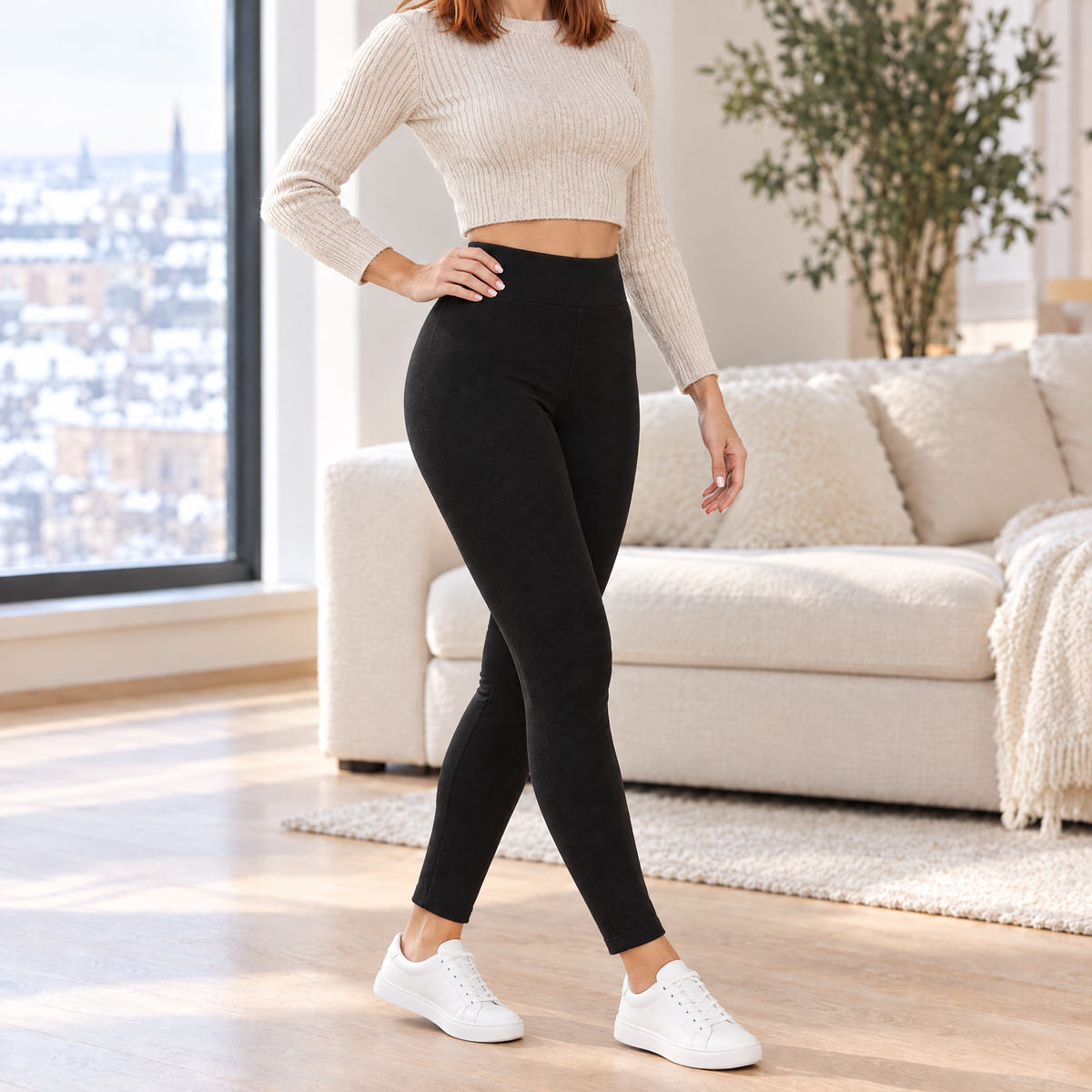 Giulia high waisted fleece lined leggings in black, three-quarter view