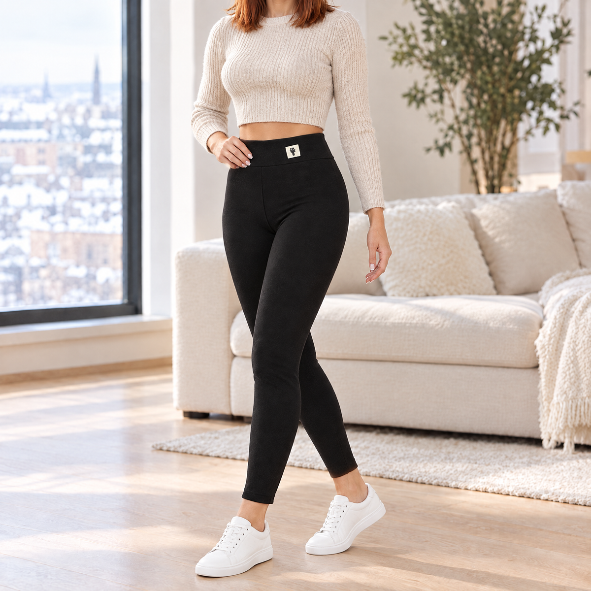Giulia leggings in black with a cream cat patch, three-quarter view