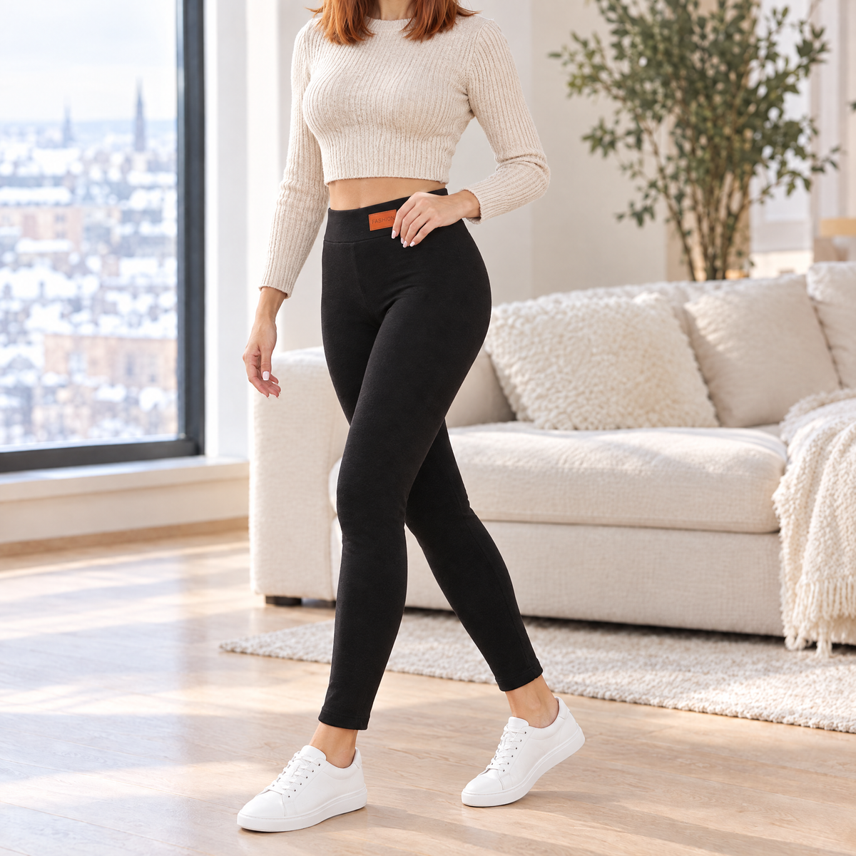 Giulia leggings in black with a tan FASHION patch, three-quarter view