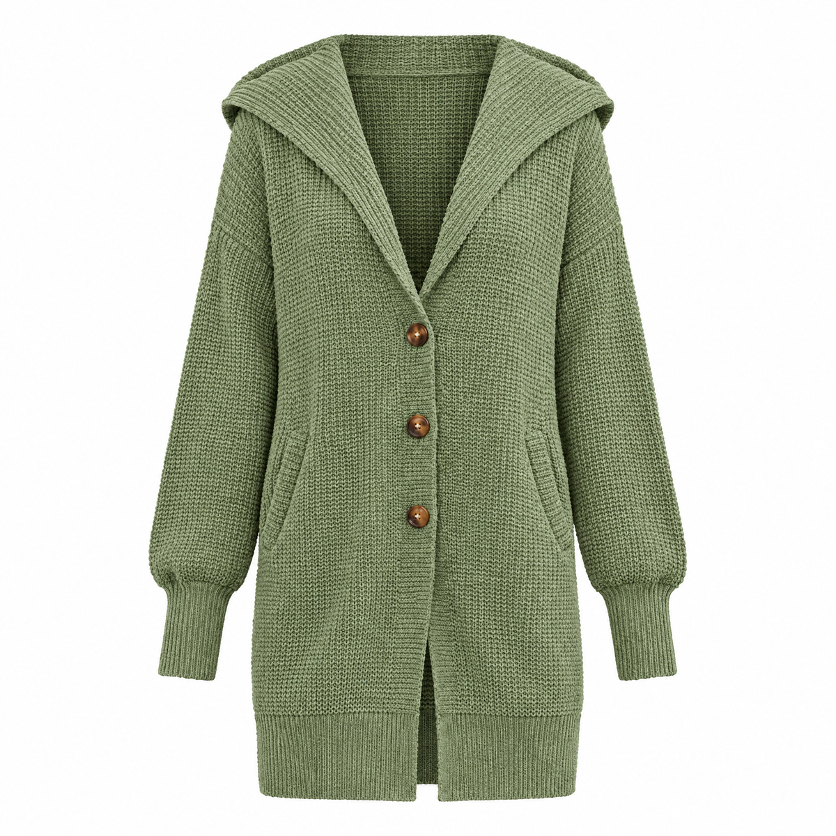 Isabella oversized hooded long knit cardigan in sage green on a white background