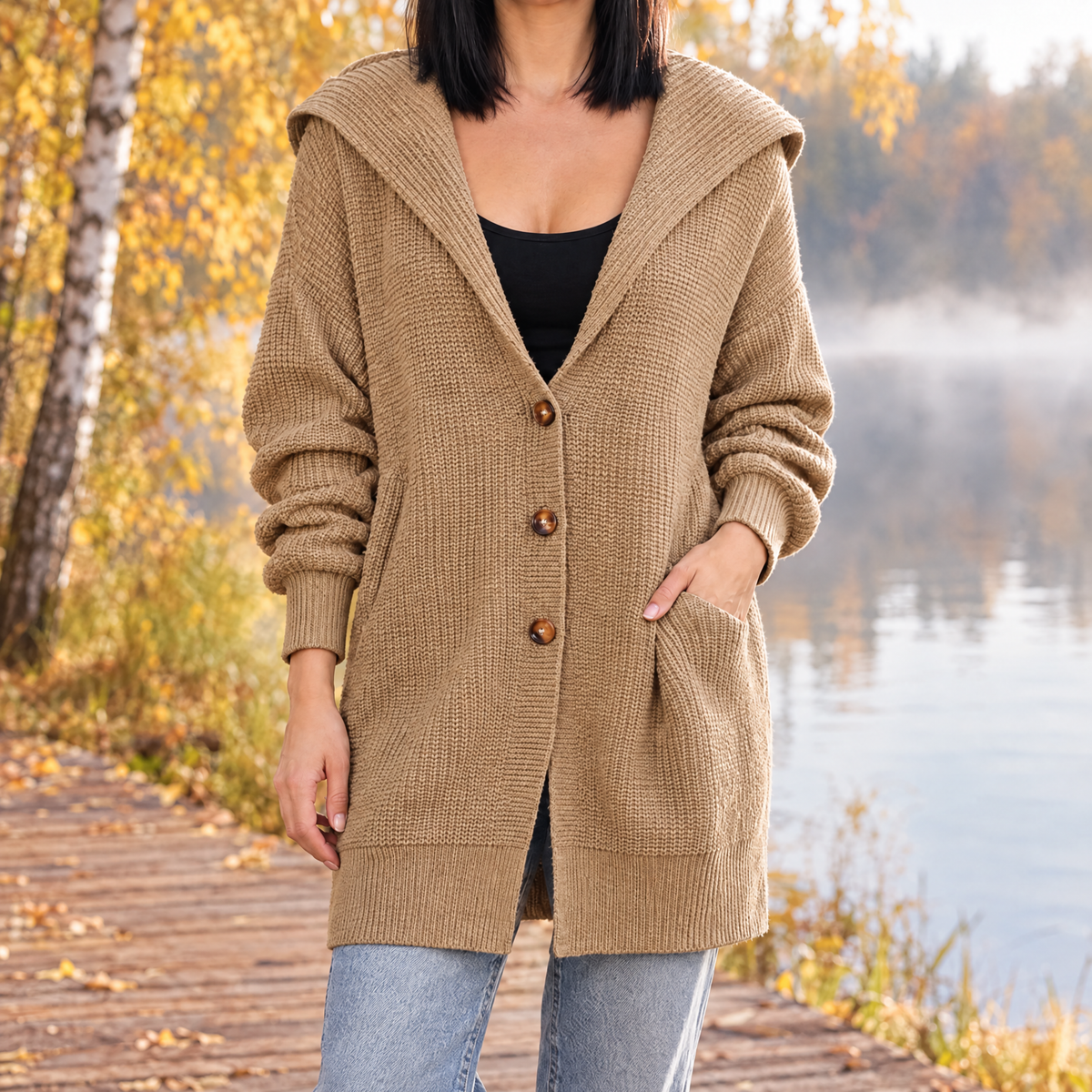 Isabella oversized hooded long knit cardigan in khaki, front view