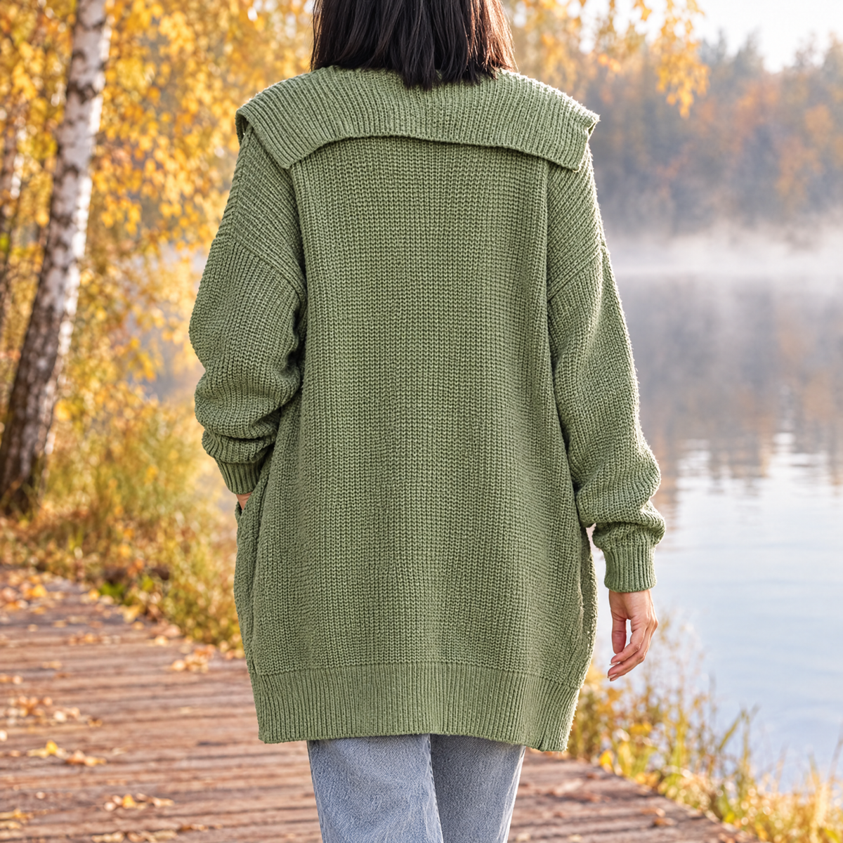 Isabella oversized hooded long knit cardigan in sage green, back view with the hood lying flat