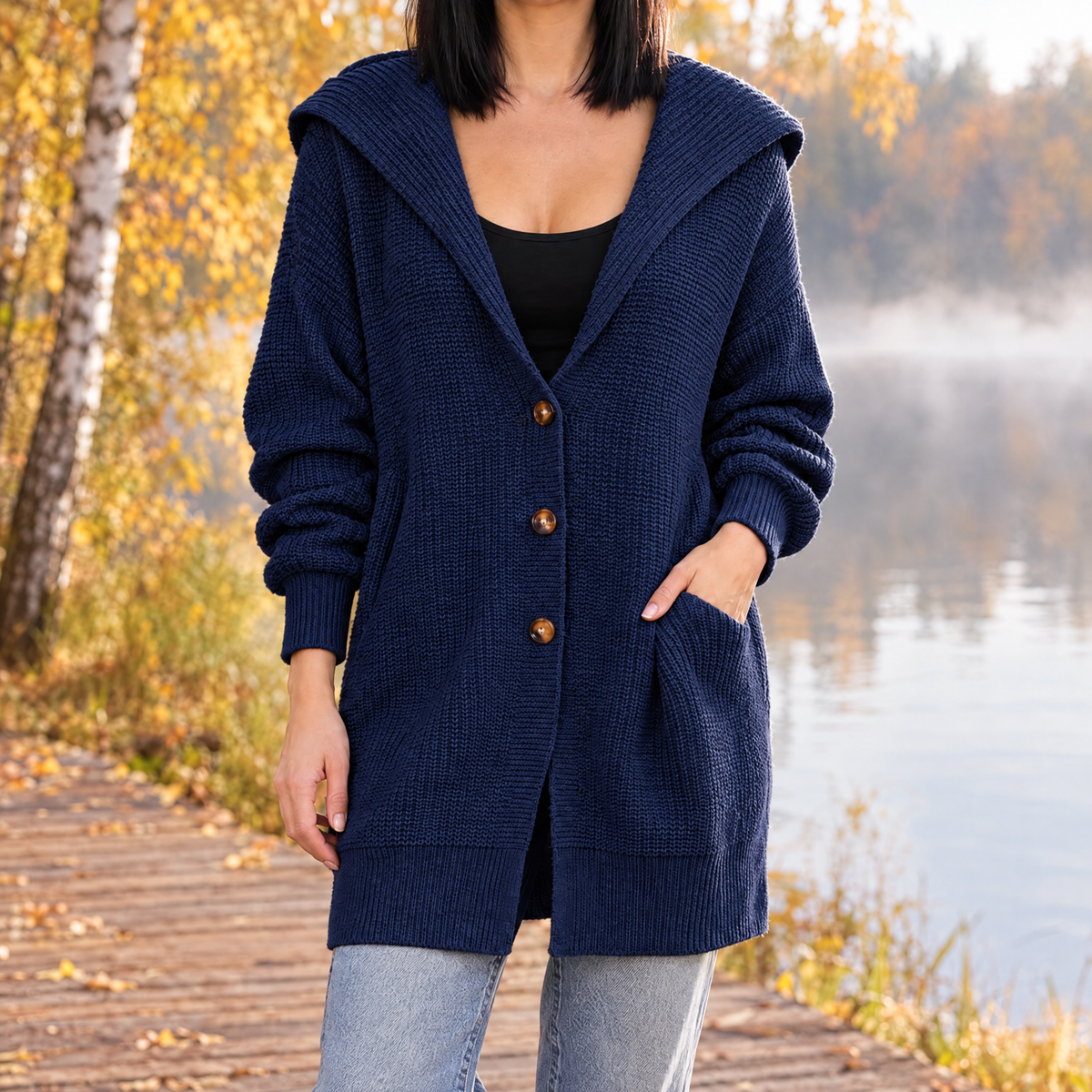 Isabella oversized hooded long knit cardigan in navy, front view