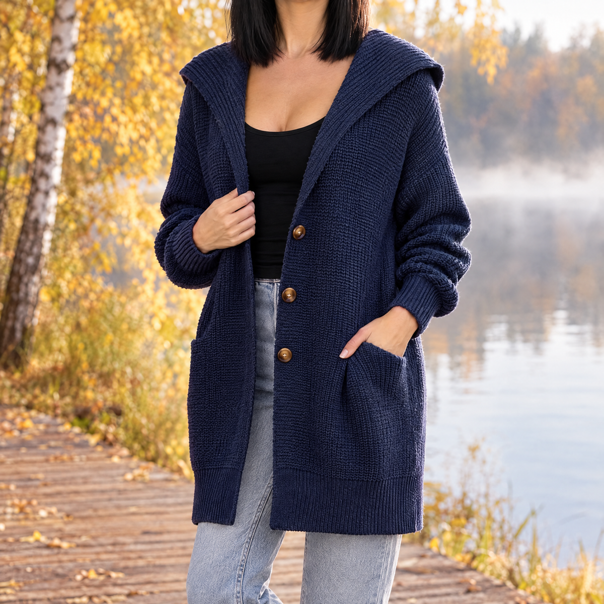 Isabella oversized hooded long knit cardigan in navy, turned view