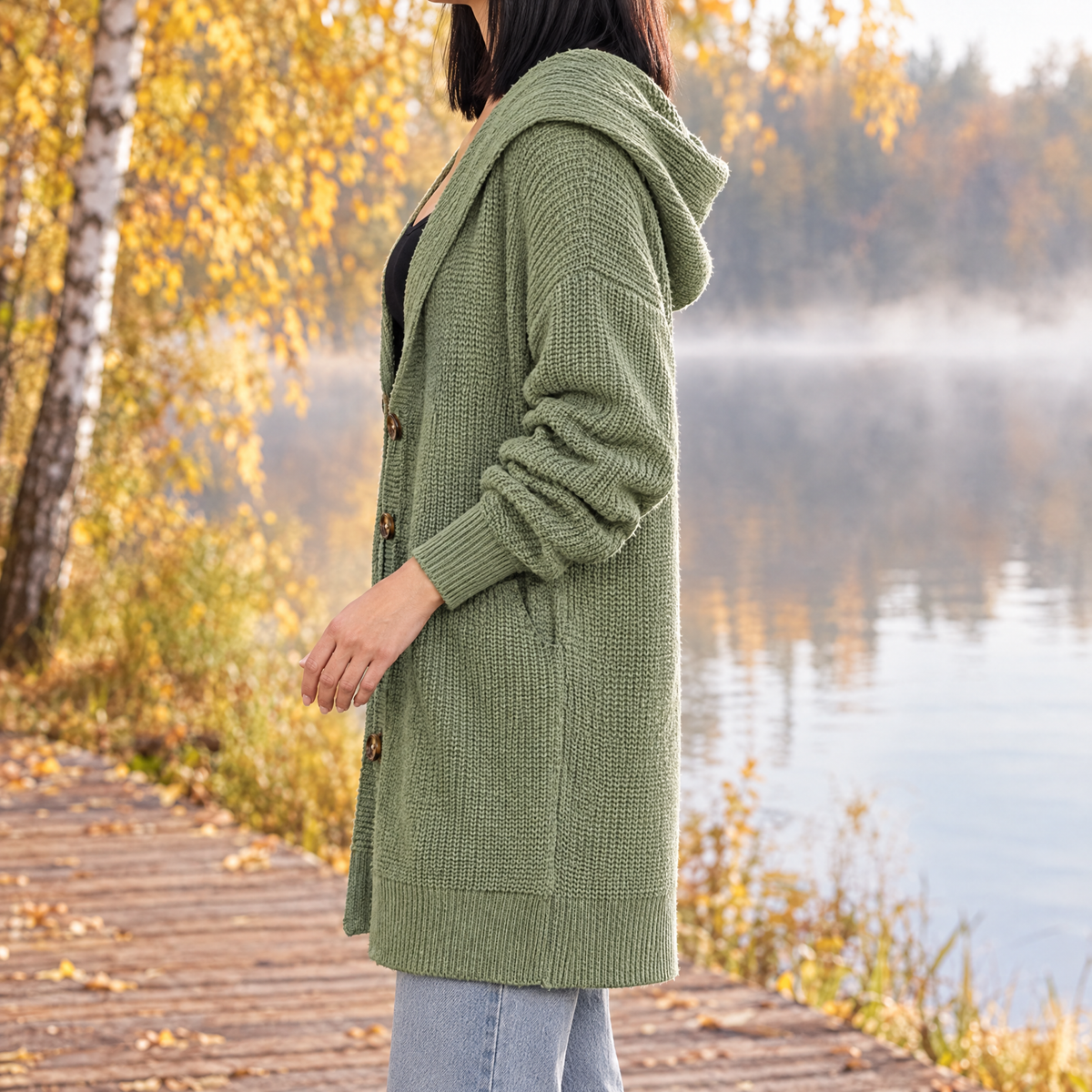 Isabella oversized hooded long knit cardigan in sage green, side view
