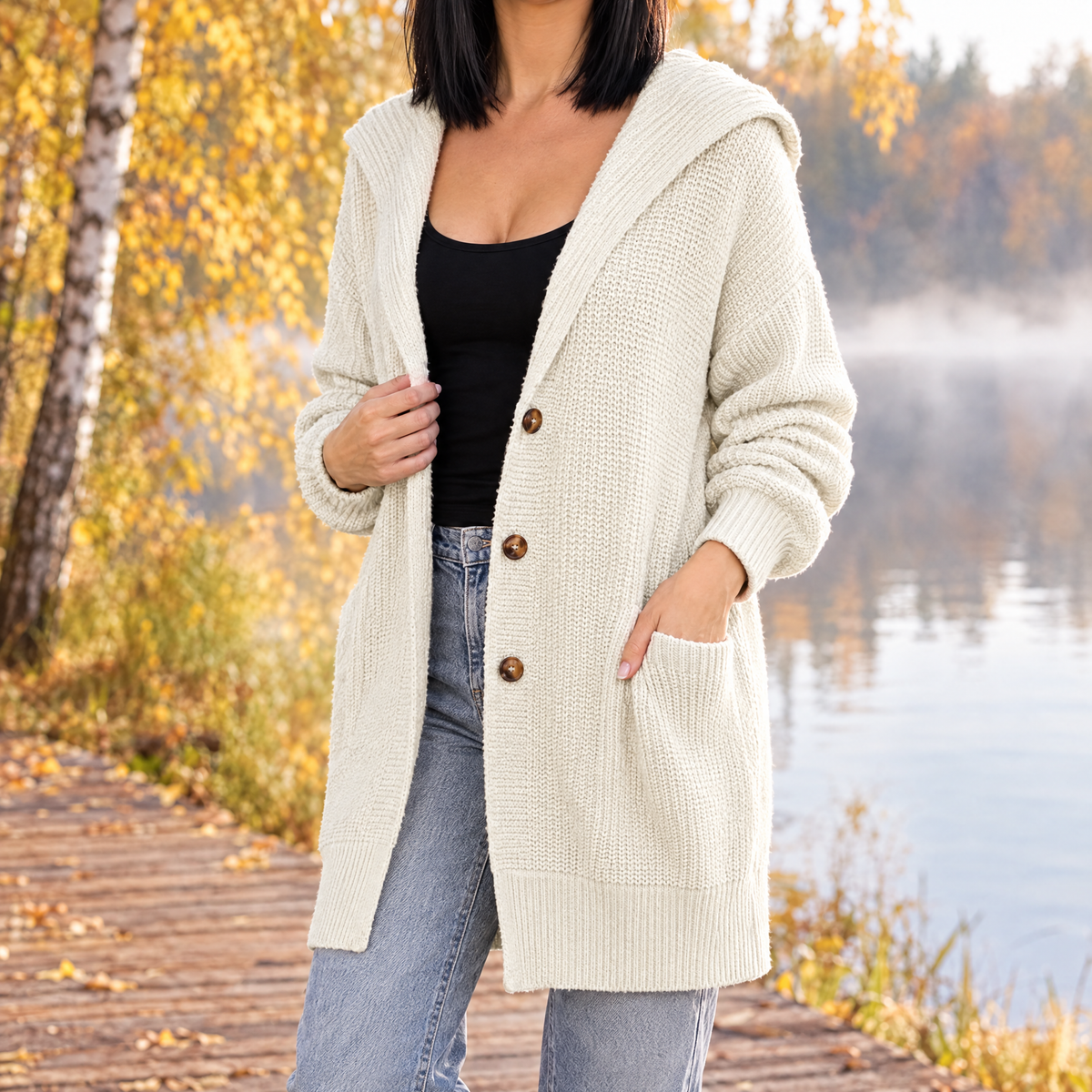 Isabella oversized hooded long knit cardigan in cream, turned view