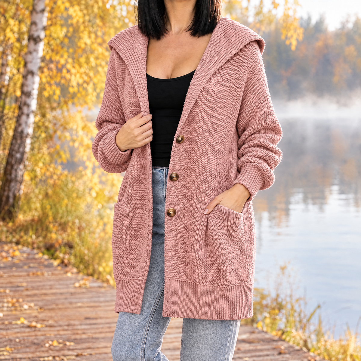 Isabella oversized hooded long knit cardigan in pink, turned view