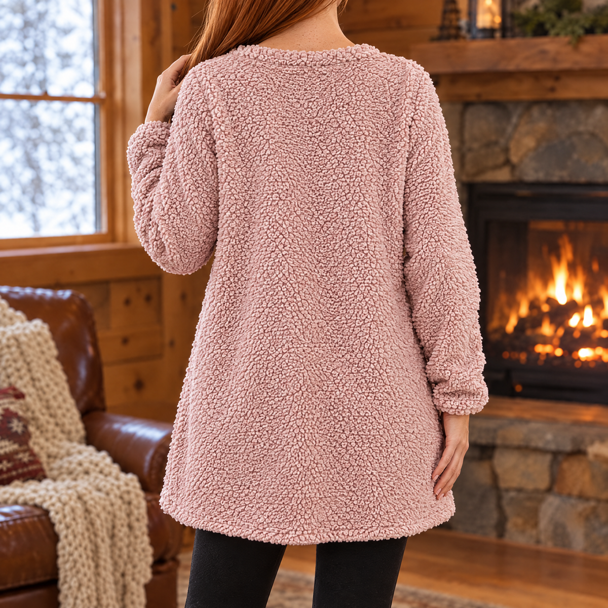 Livia oversized teddy fleece slogan sweatshirt in pink, back view