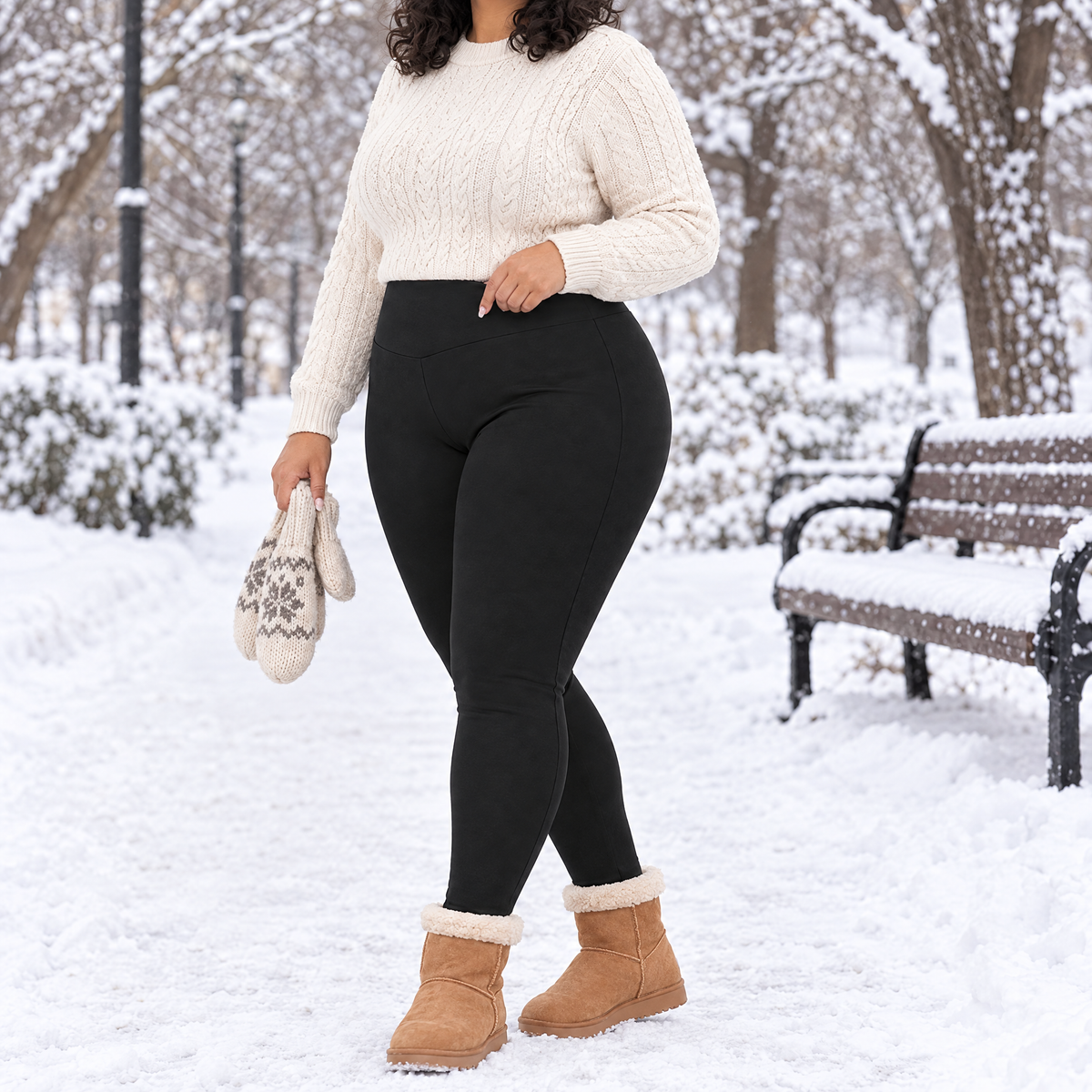 Mirabel plus size fleece lined leggings in black, three-quarter view