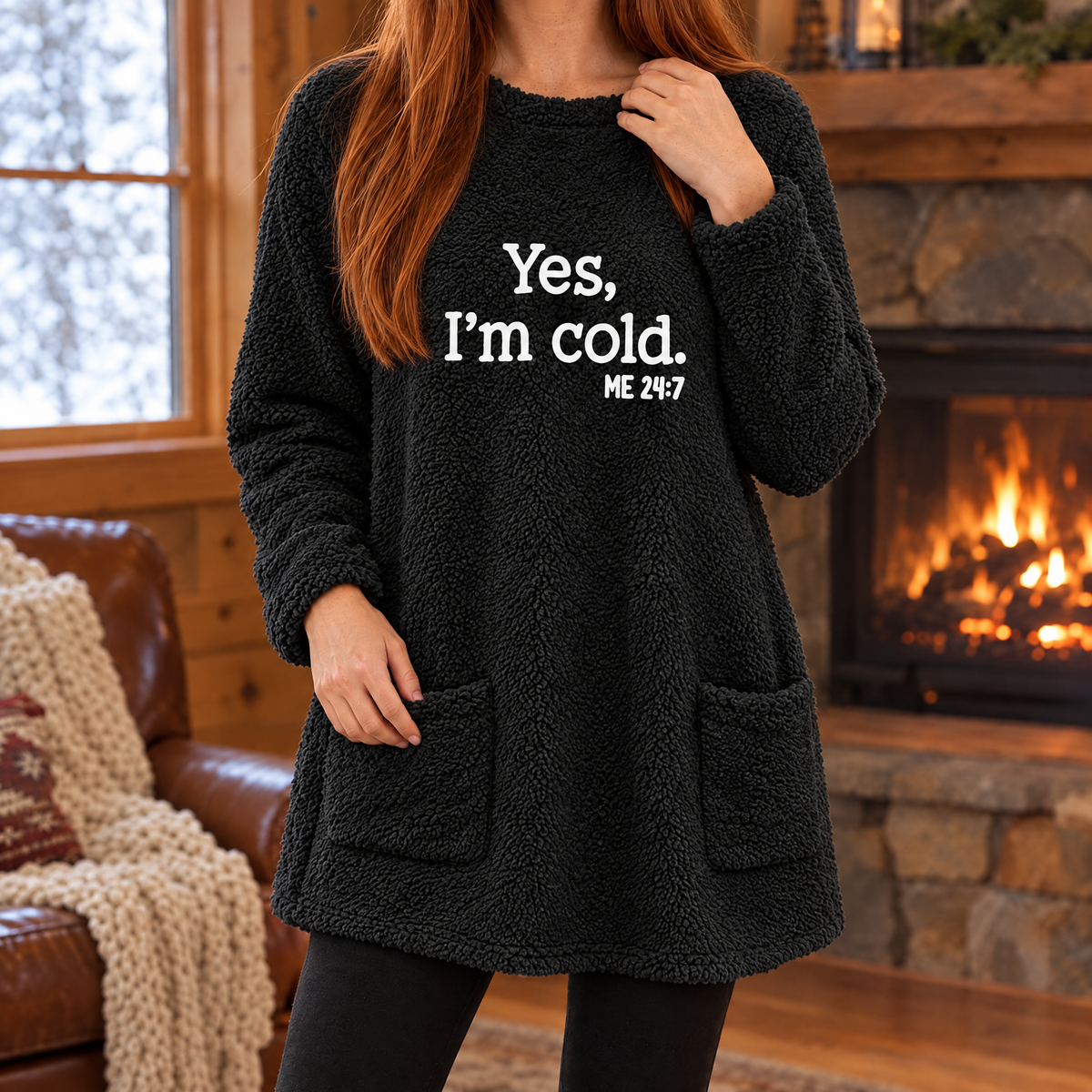 Livia oversized teddy fleece slogan sweatshirt in black, front view