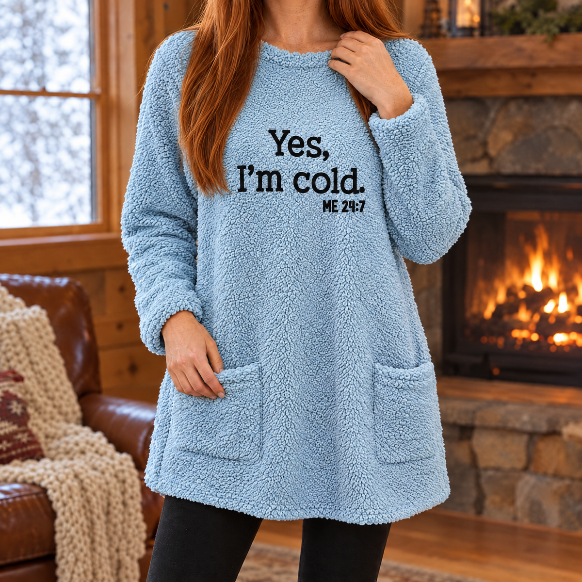 Livia oversized teddy fleece slogan sweatshirt in baby blue, front view