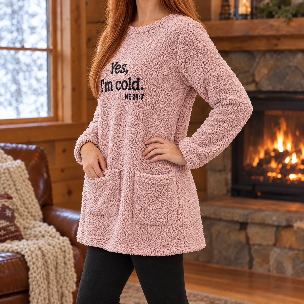 Livia oversized teddy fleece slogan sweatshirt in pink, three-quarter view