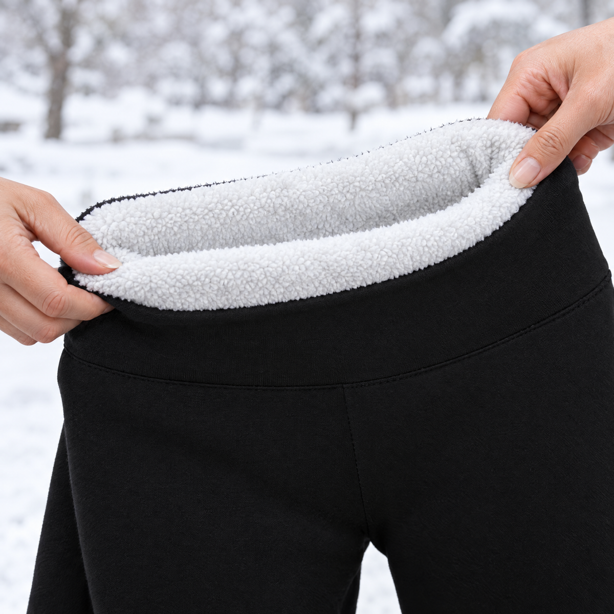 Mirabel plus size fleece lined leggings in black, waistband turned out to show the white plush fleece lining