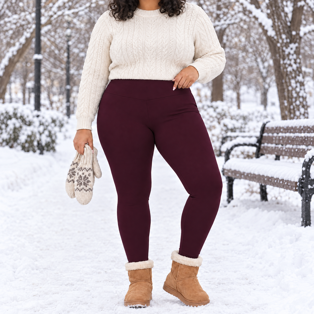 Mirabel plus size fleece lined leggings in burgundy, front view