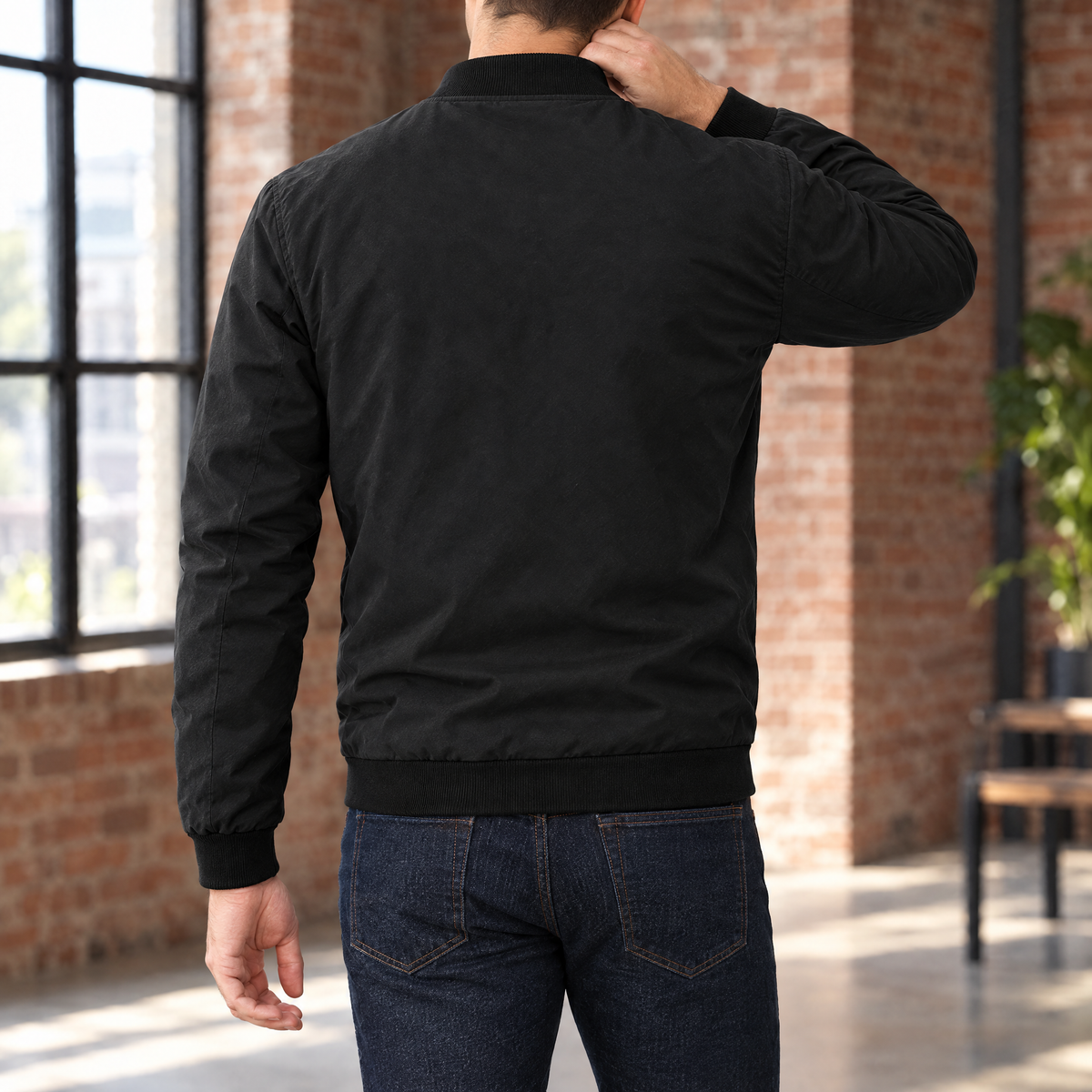 Massimo men's lightweight bomber jacket in black, back view
