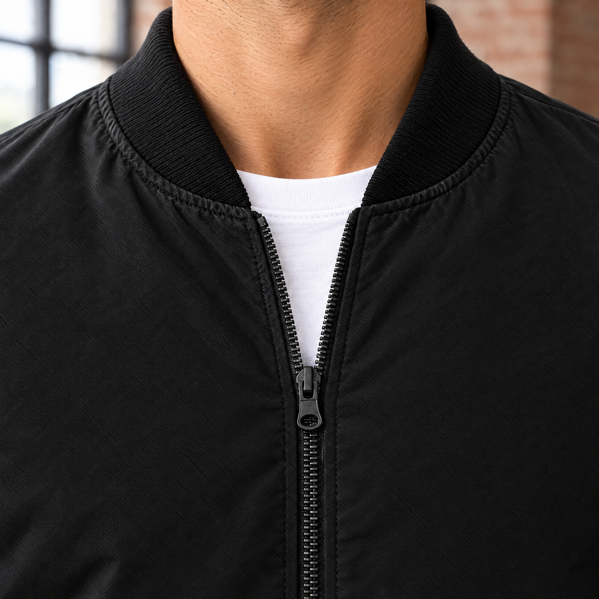 Massimo bomber jacket rib-knit stand collar and front zipper, close-up