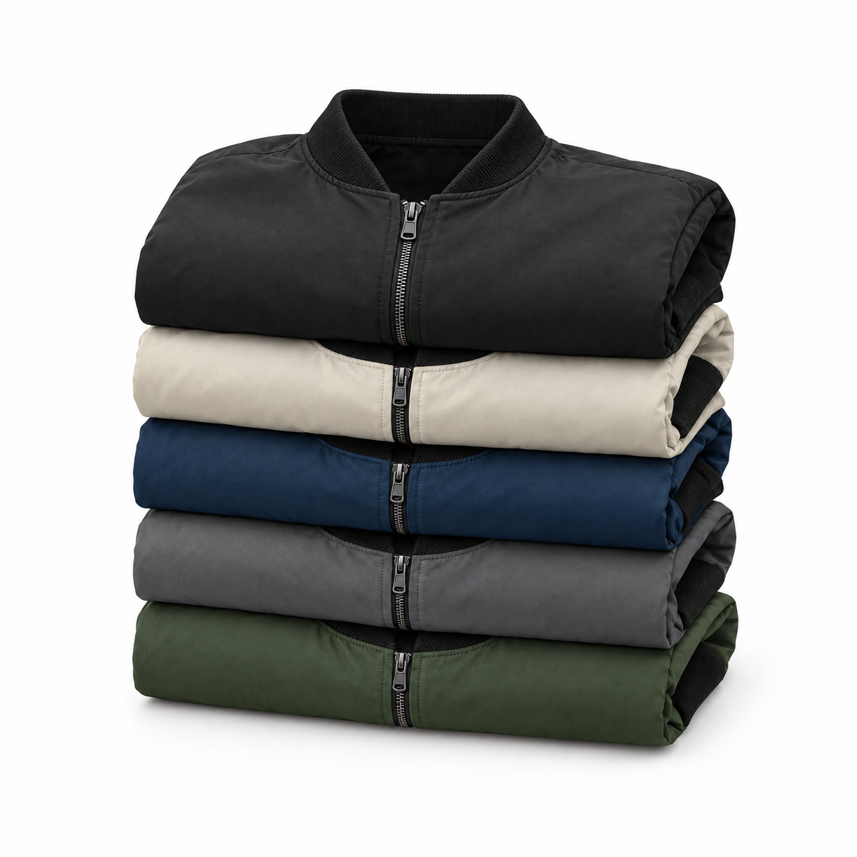 Massimo bomber jacket in black, beige, blue, dark gray and army green, folded and stacked