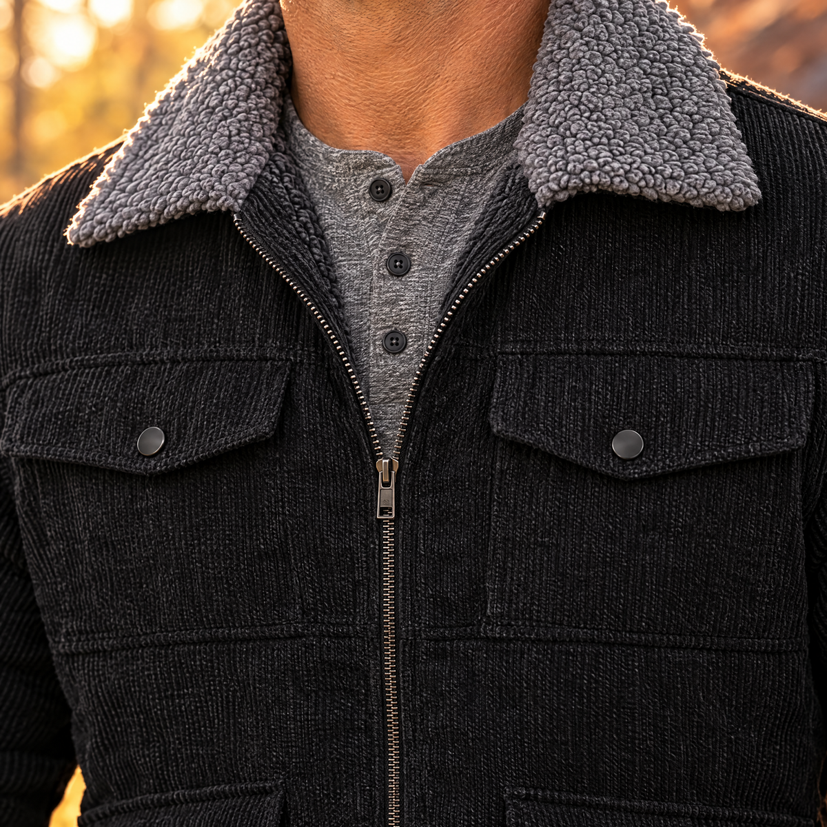 Gianni corduroy jacket sherpa collar and zip front, close-up