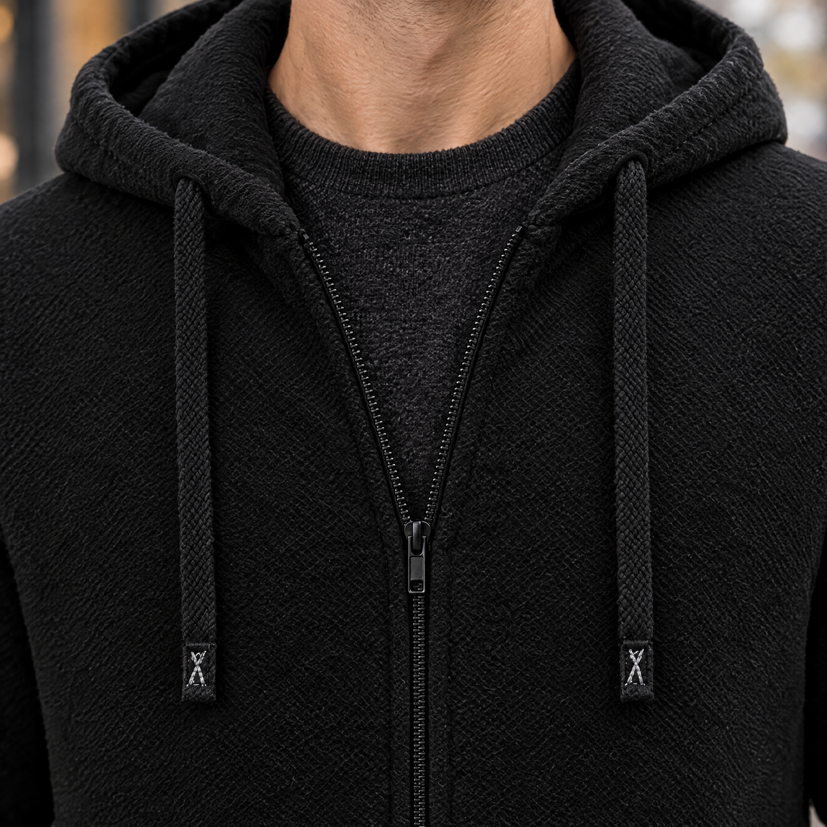 Paolo fleece jacket hood, drawstrings and front zipper, close-up