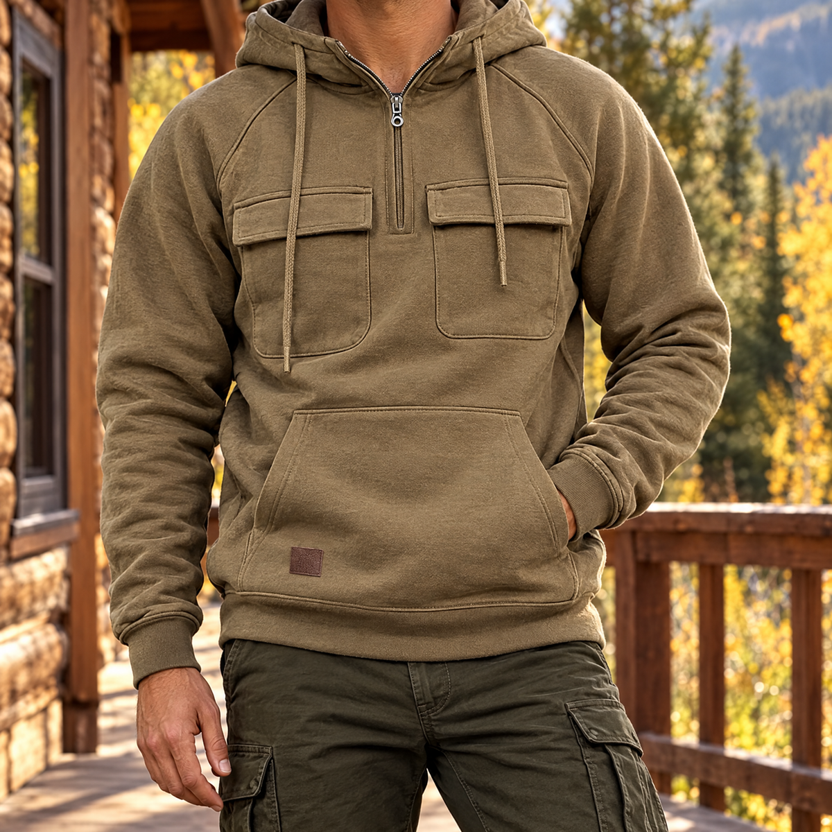 Nico men's quarter zip cargo pocket hoodie in khaki, front view