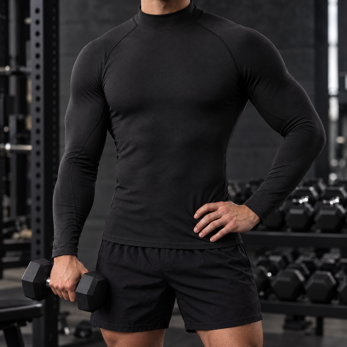 Dante men's mock neck compression shirt in black, front view