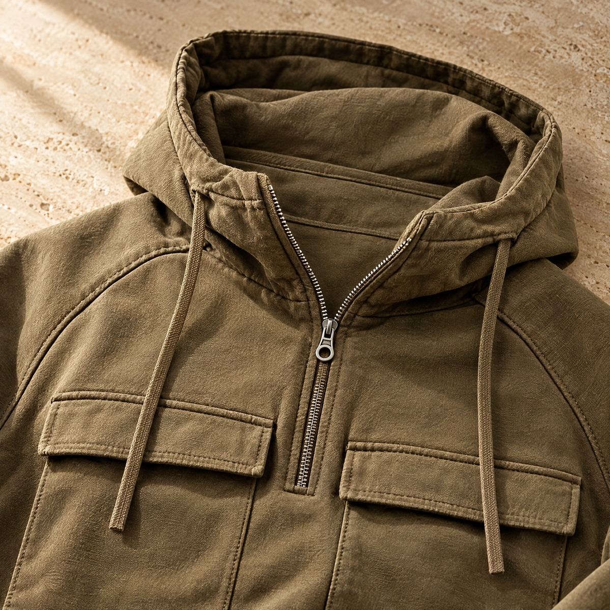 Nico Men's Quarter Zip Cargo Pocket Hoodie - Drawn in at the zip.