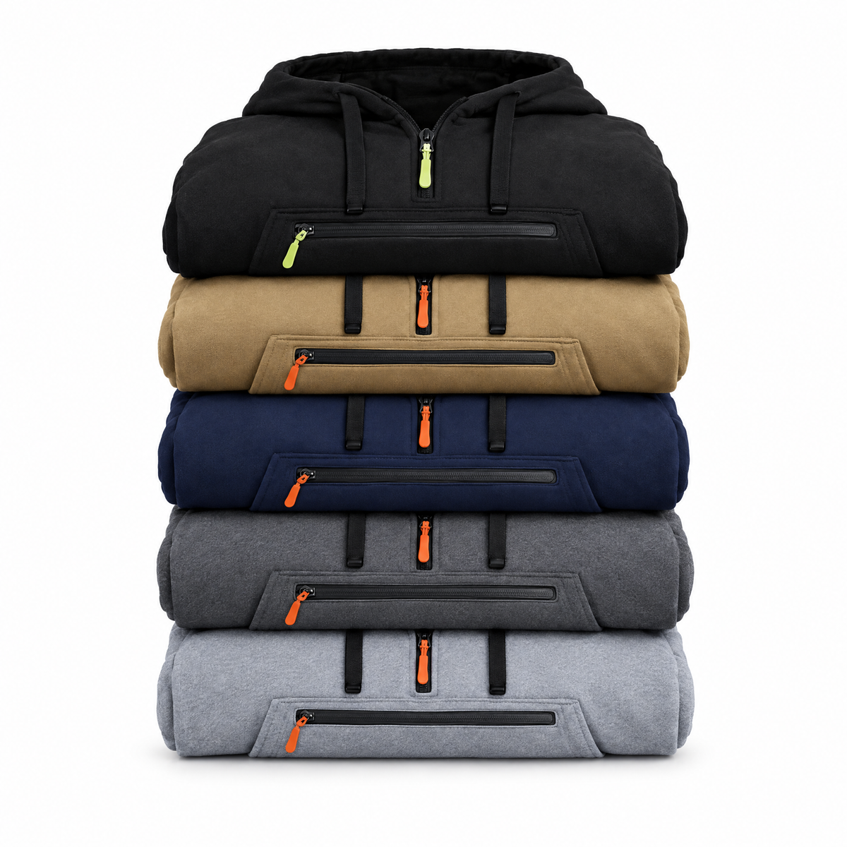 Leandro quarter zip hoodie in black, khaki, navy blue, dark gray and gray, folded and stacked