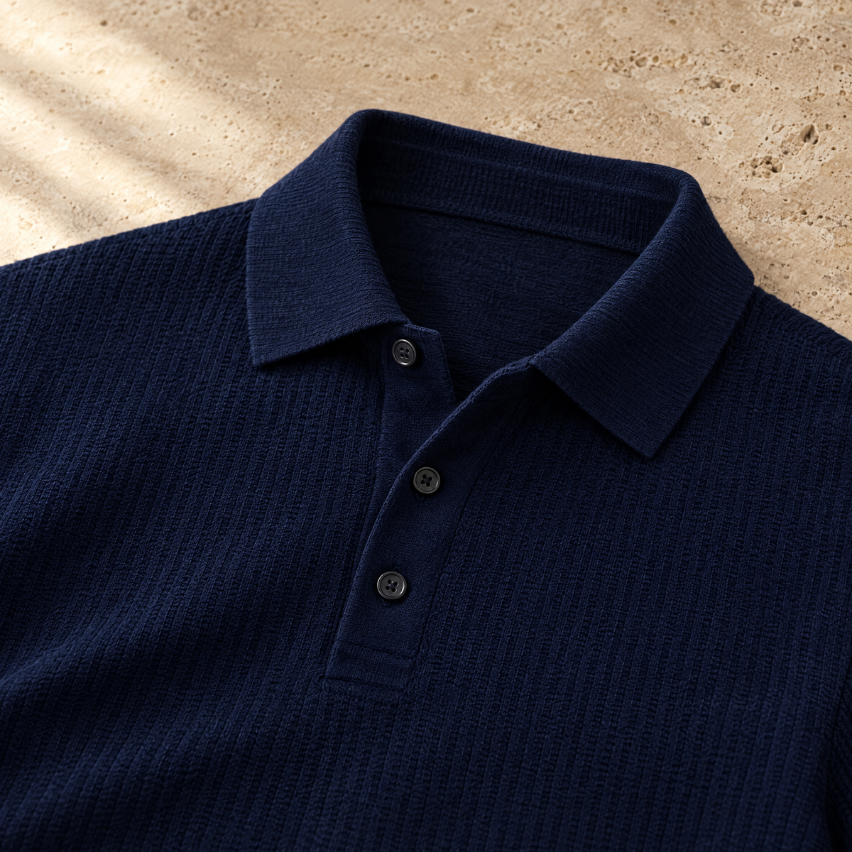 Vittorio Men's Long Sleeve Textured Knit Polo Shirt - Three buttons, soft points.