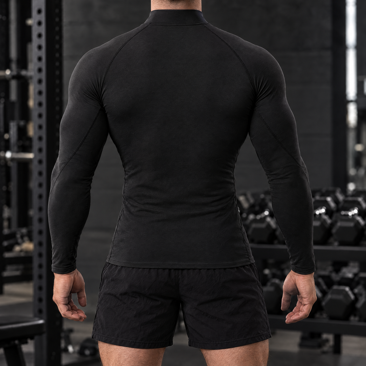 Dante men's mock neck compression shirt in black, back view