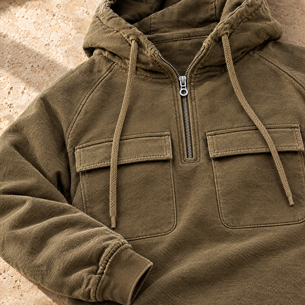 Nico Men's Quarter Zip Cargo Pocket Hoodie - Flaps at the chest.