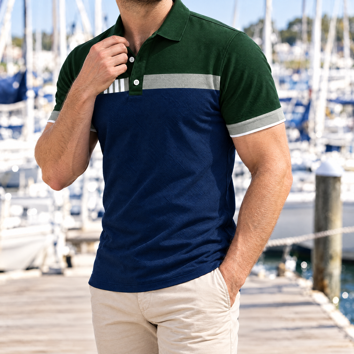 Rafael men's color block polo in navy and green, three-quarter view