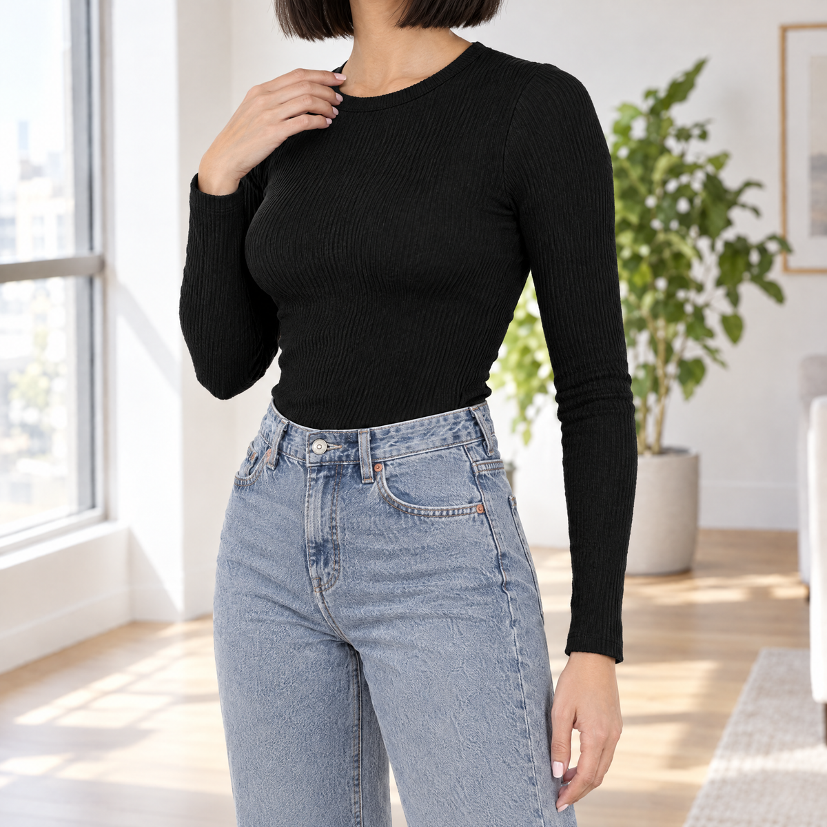 Allegra women's rib knit long sleeve top in black, three-quarter view