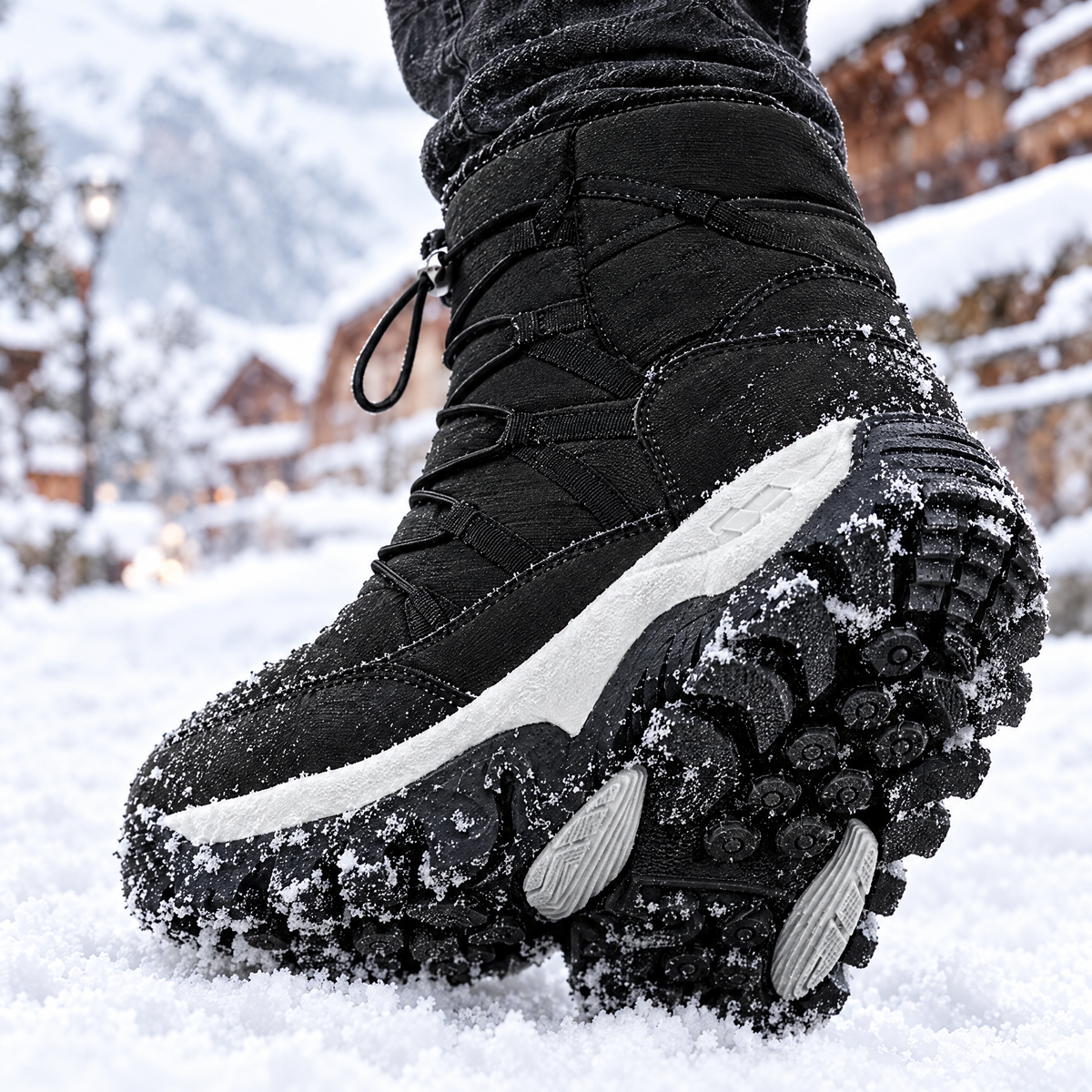 Fabio boot lugged rubber outsole in the snow, close-up