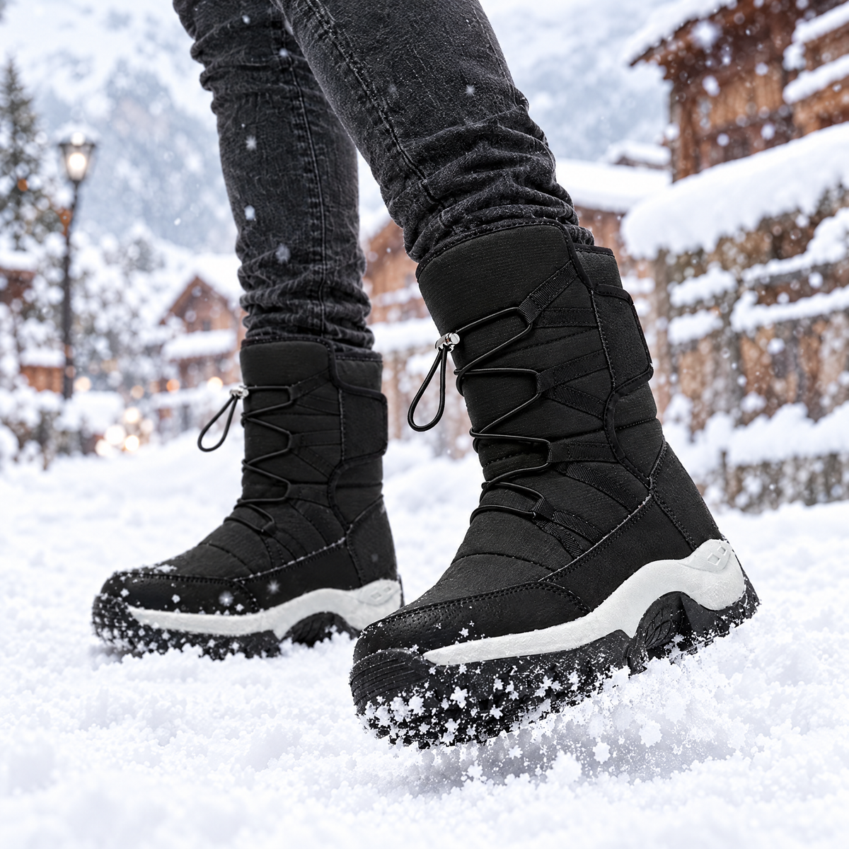 Fabio plush lined snow boots in black, three-quarter view walking