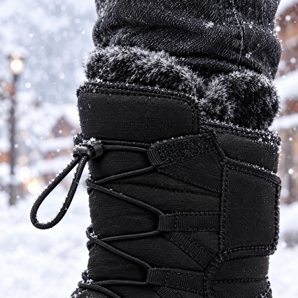 Fabio boot toggle lacing, collar strap and plush lining, close-up