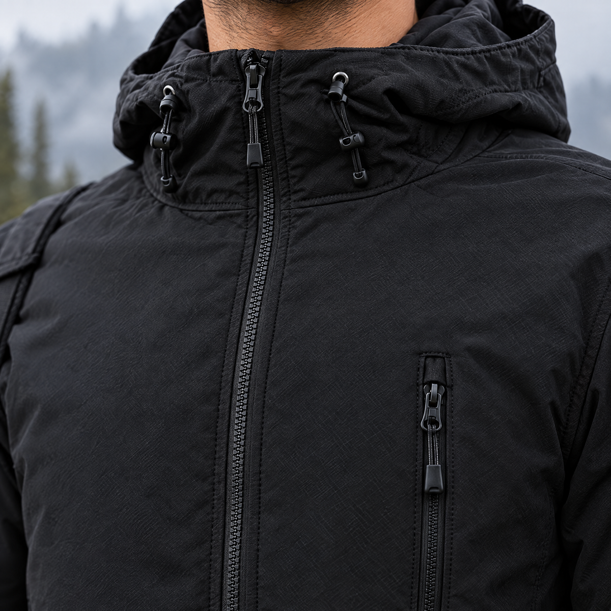Ettore tactical jacket close-up of the hood toggles, front zipper and chest zip pocket