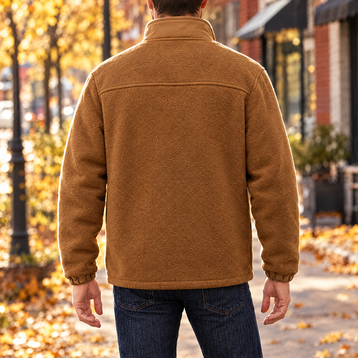 Cesare fleece stand collar jacket in caramel, back view