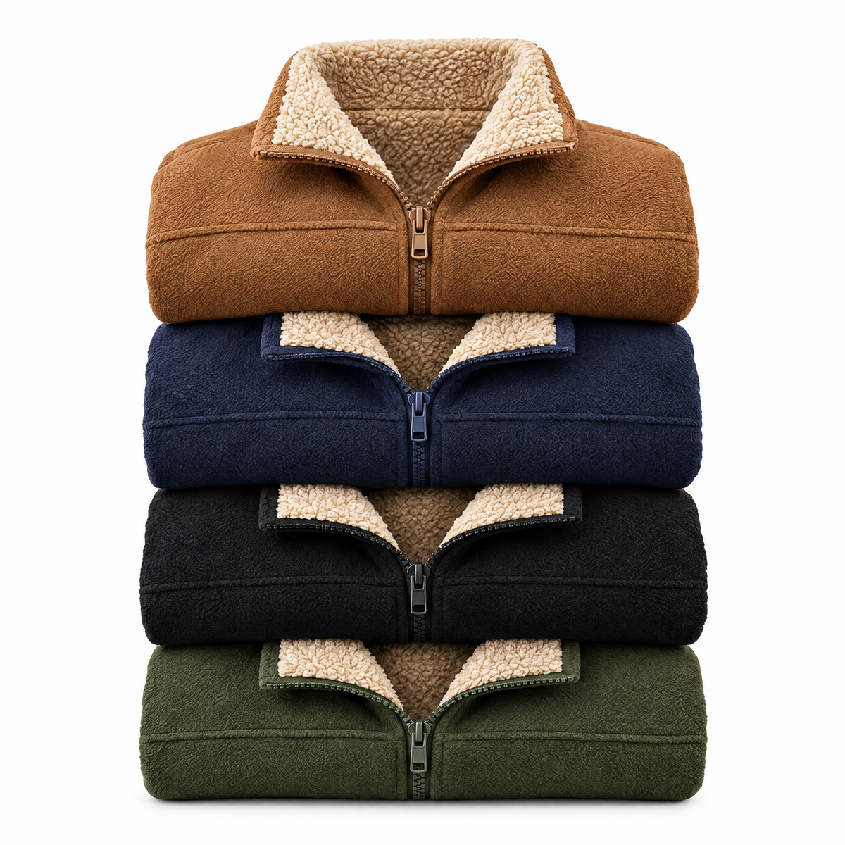 Cesare fleece jacket in caramel, navy blue, black and army green, folded and stacked