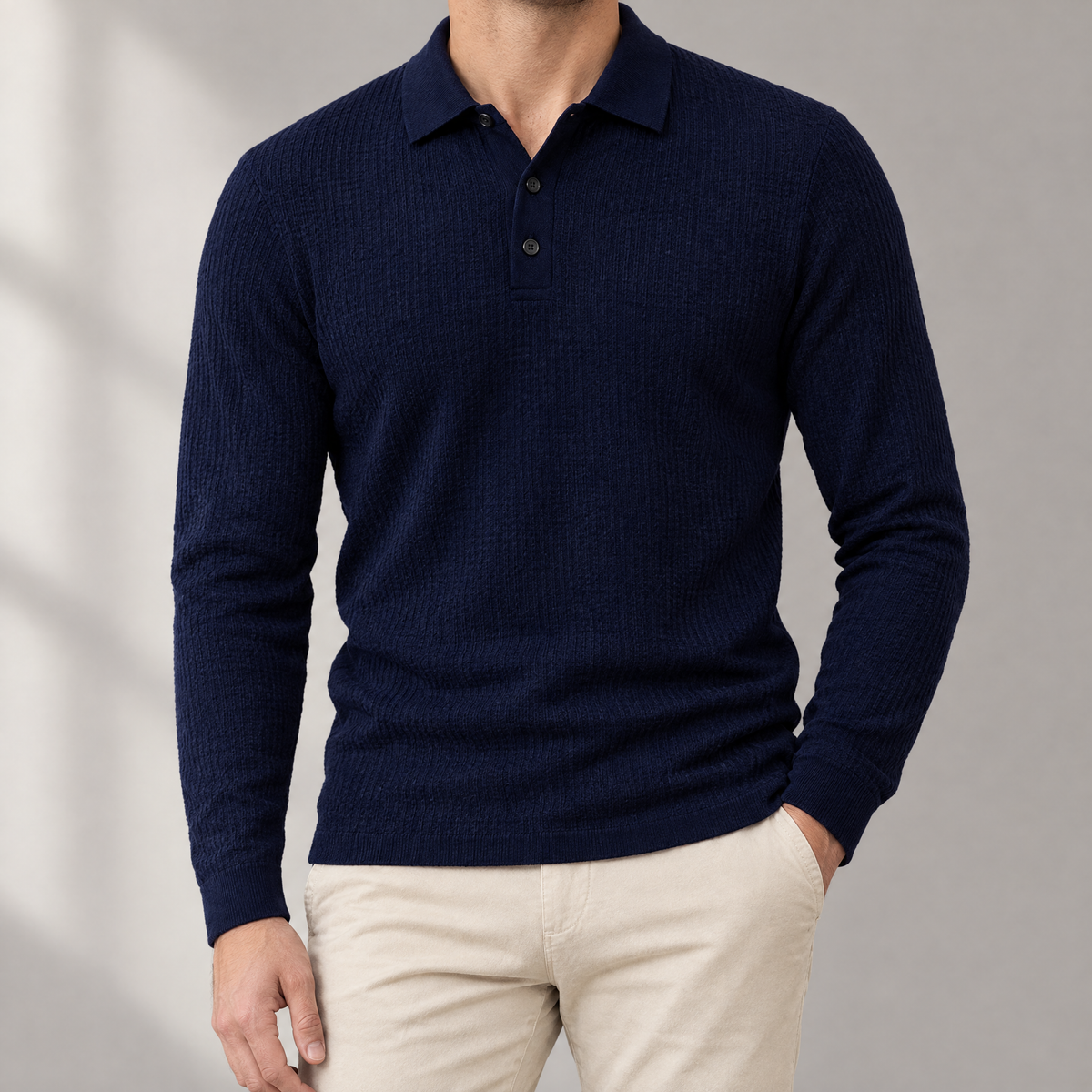 Vittorio men's long sleeve textured knit polo in navy blue, front view