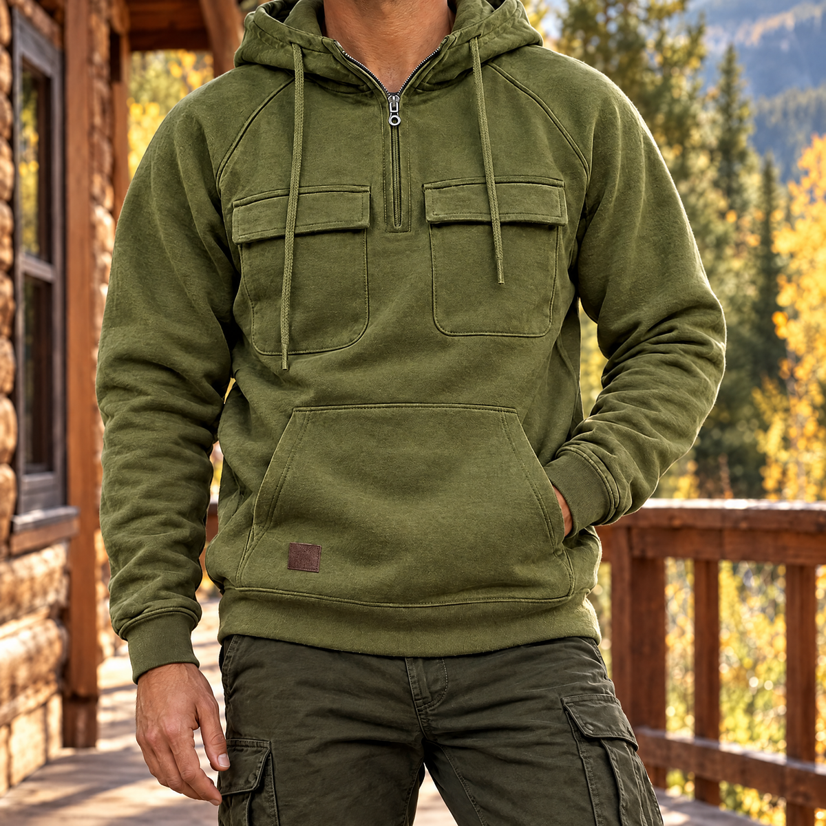Nico quarter zip cargo pocket hoodie in military green