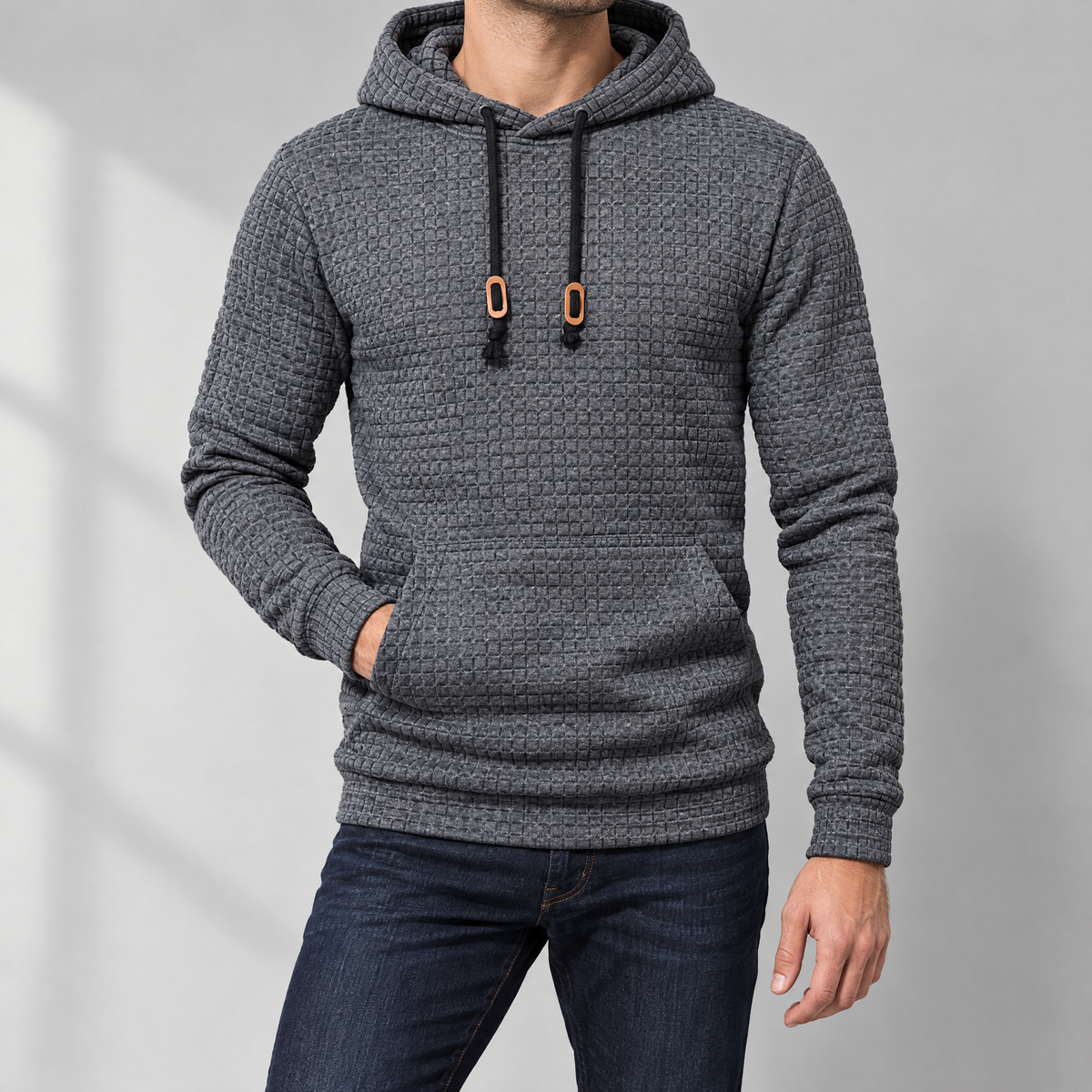 Dorian men's waffle knit pullover hoodie in charcoal, front view