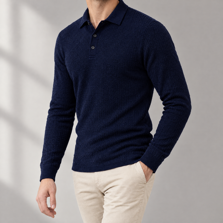 Vittorio Men's Long Sleeve Textured Knit Polo Shirt