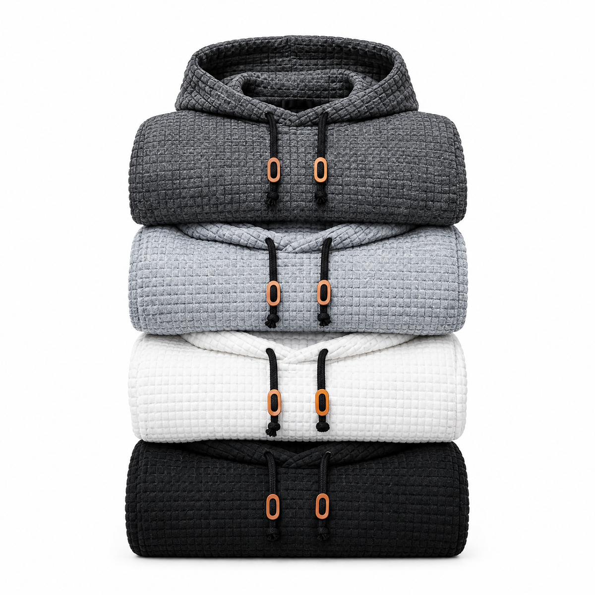 Dorian waffle knit hoodie in charcoal, light gray, white and black, folded and stacked