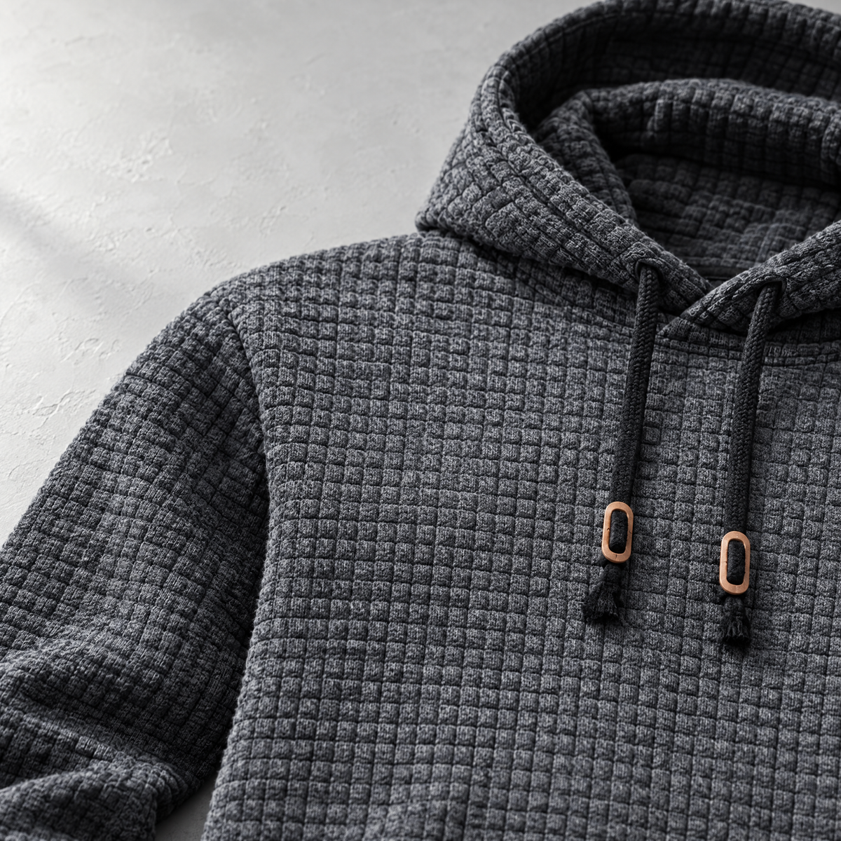 Dorian Men's Waffle Knit Pullover Hoodie with Kangaroo Pocket - A raised square grid.